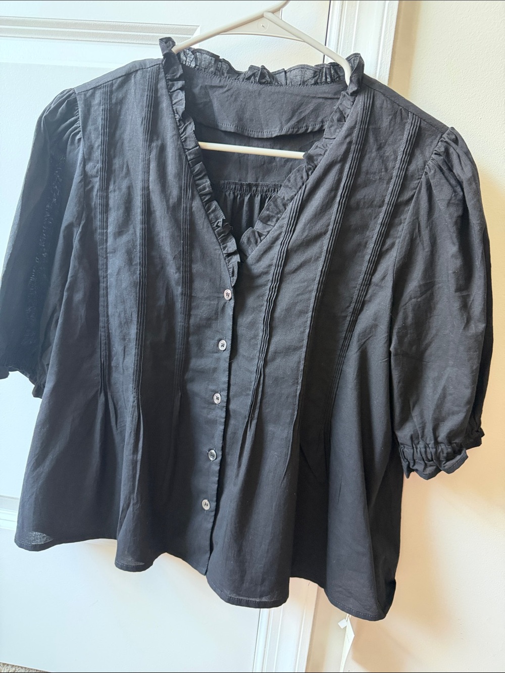 Black Ruffle-Trim Button Down Blouse in 100% cotton